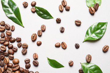 Fresh green coffee leaves and beans on light background, flat lay