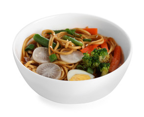 Tasty ramen with noodles and vegetables isolated on white