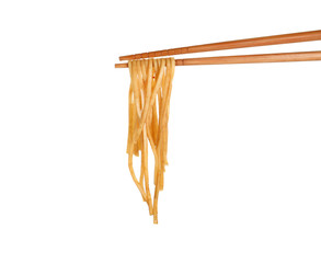 Chopsticks with tasty cooked noodles isolated on white