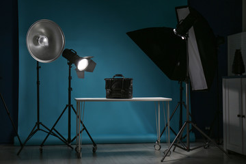 Shooting of men's bag for product promotion in photo studio