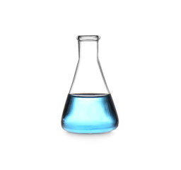 Erlenmeyer flask with color liquid isolated on white. Solution chemistry