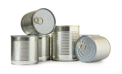 Closed tin cans isolated on white, mockup for design