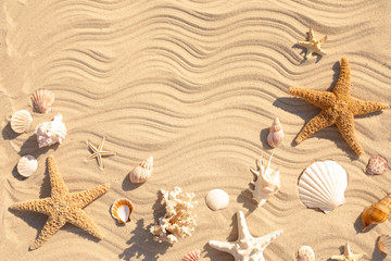 Fototapeta na wymiar Starfishes and seashells on beach sand with wave pattern, flat lay. Space for text