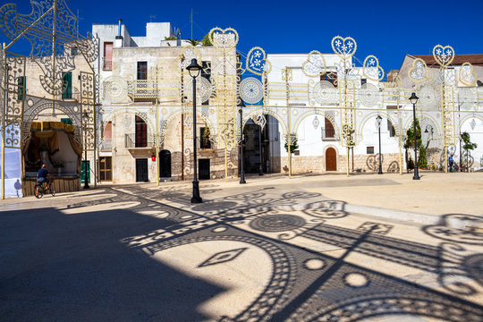 Piazza Umberto I or Umberto I Square beautiful decoration for La Festa di San Rocco, Saint Roch's Feast in Noicattaro, Apulia, Italy