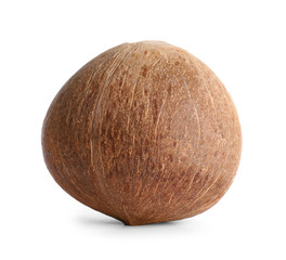 Ripe whole brown coconut on white background