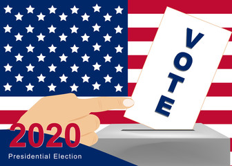 American Presidential election 2020. Finger pointing to the letter 'vote' Creative illustration for banner/poster/background. 
