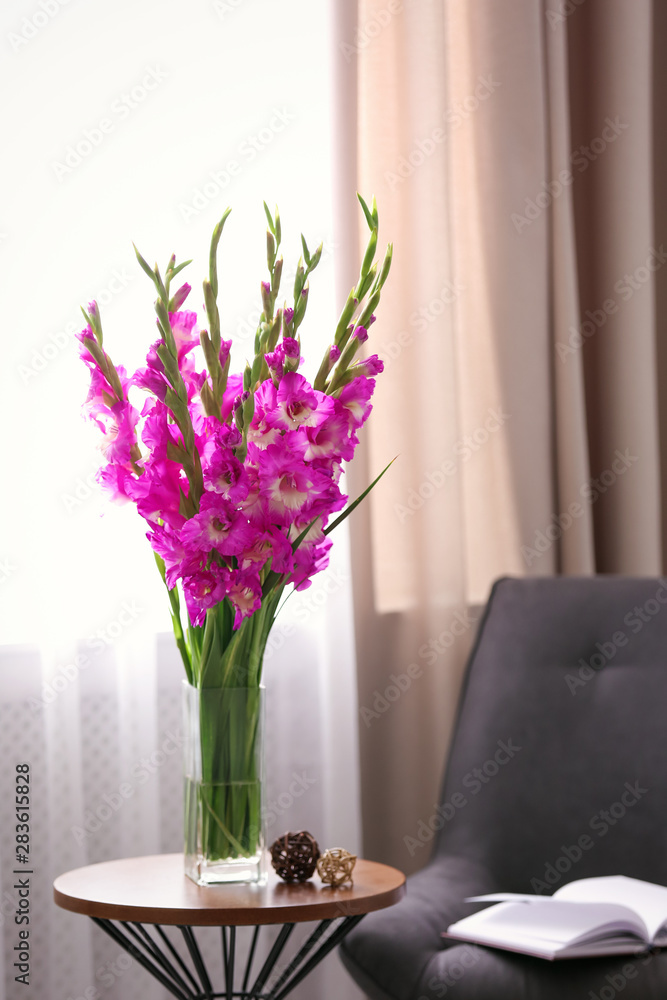 Poster Vase with beautiful pink gladiolus flowers on wooden table in room, space for text