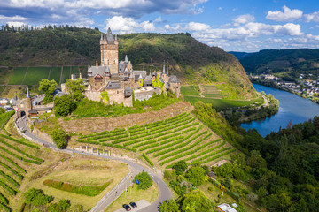 Cochem Imperial Castle, Reichsburg Cochem, reconstructed in the Gothic Revival style protects historic Cochem town on left bank of Moselle river and Cond, Cochem-Zell, Rhineland-Palatinate, Germany