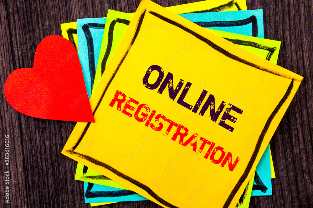 Aufkleber writing text showing online registration. concept meaning register web subscription subscribe writte