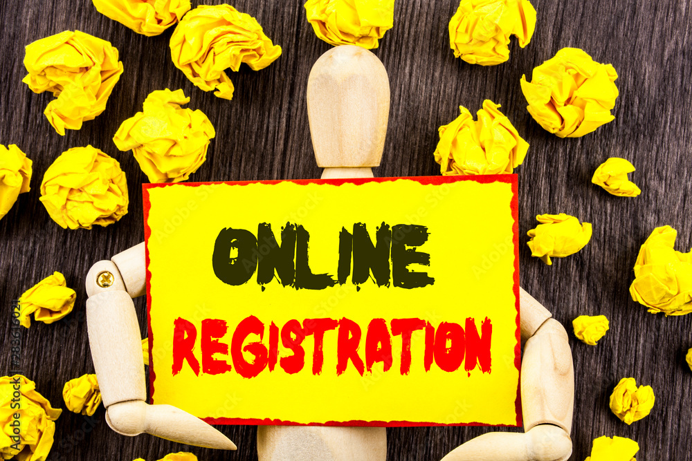 Poster announcement text showing online registration. concept meaning register web subscription subscribe w