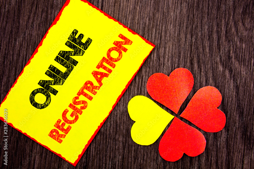 Poster text showing online registration. business photo showcasing register web subscription subscribe writ