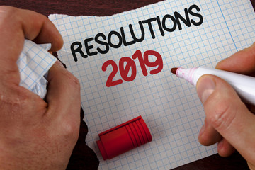 Writing note showing Resolutions 2019. Business photo showcasing Positive reinforcement personal...