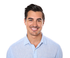 Fototapeta premium Portrait of handsome young man on white background