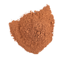Pile of chocolate protein powder isolated on white, top view
