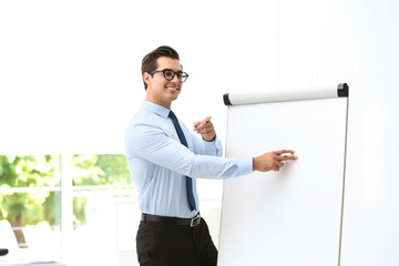 Professional business trainer near flip chart in office