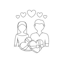 young couple lovers with hearts and icons