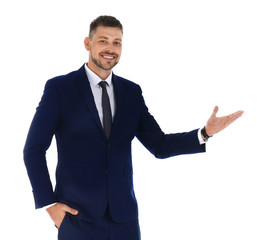 Professional business trainer showing at something on white background