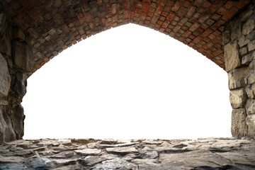 Ancient Historic Brick window frame with white blank background