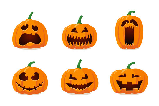 Halloween monster jack lantern orange pumpkin carved glowing scary face set on white background. Holiday cartoon character collection for celebration design. Vector spooky illustration - Powered by Adobe