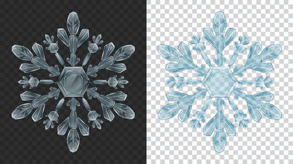 Two big complex transparent Christmas snowflakes in light blue colors for use on dark and light background. Transparency only in vector format