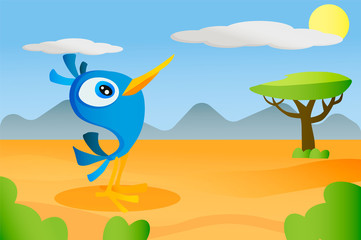 African animal bird in cartoon style on africa background