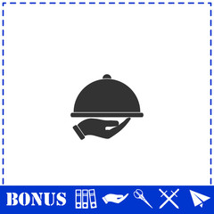 Fototapeta premium Restaurant cloche in hand icon flat