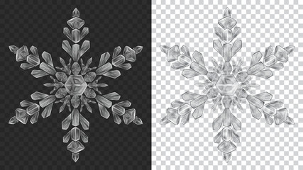 Two big complex transparent Christmas snowflakes in gray colors for use on dark and light background. Transparency only in vector format
