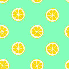 Hand drawn colorful seamless pattern. Half of lemons on turquoise background. Perfect for textile, manufacturing, wallpaper, posters, wrapping paper. Vector illustration.