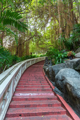 Steep staircase on the way up to the Wat Saket, the famous Golden Mount in Bangkok