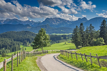Germany, Bavaria, Allgaeu, Eisenberg, panoramic view to Tegelberg and Säuling mountain