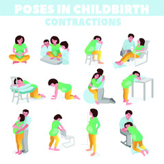 Fototapeta premium Poses in childbirth. Birth pains. Relief of labor pains. Vector illustration.