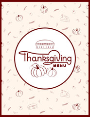 Thanksgiving menu template for restaurant or cafe on light beige background with turkeys, pumpkin pie, pumpkin, apples and oak leave. Thanksgiving menu design. Seamless background on craft