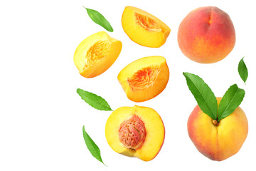peach fruit with green leaf and slices isolated on white background. top view