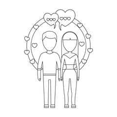 young couple lovers with speech bubbles and hearts