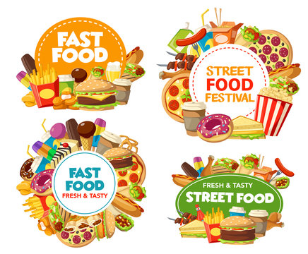 Fast food icons of pizza, hamburger, soda, fries
