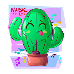 Cactus plant dancing with happy face. Succulent with player. Cartoon style with slogan, music for live.