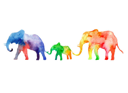 Walk the family of elephants. Colors of rainbow.