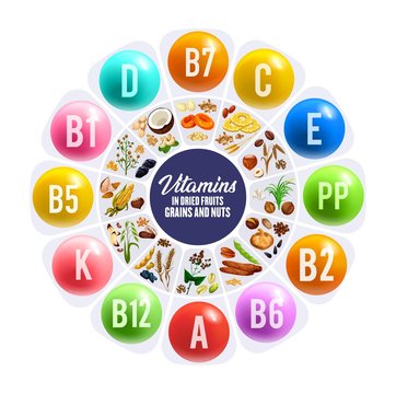 Vitamins In Dried Fruits, Nuts And Cereal Grains