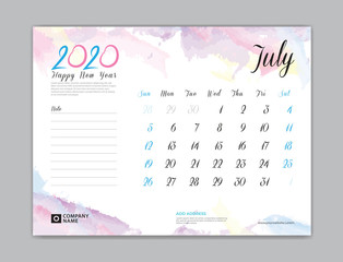 Desk Calendar for 2020 year, July 2020 template, week start on sunday, planner design, stationery, business printing, watercolor background, vector eps10,  8 x 6 inch size