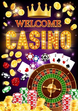 Casino roulette, dice, chips, poker cards, money