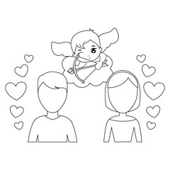 young couple lovers with cupid and hearts