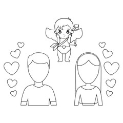 young couple lovers with cupid and hearts