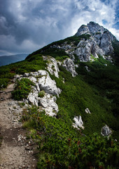 along the sidewalk towards the rocky peak