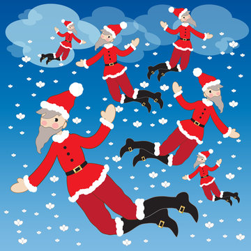 A cheerful group of Santa Claus flying are preparing for the gift delivery journey