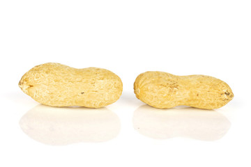 Group of two whole natural yellow peanut isolated on white background