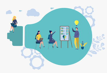 Business training, market design, selection for work, analysis of creative solutions, staff development. Colorful vector illustration.