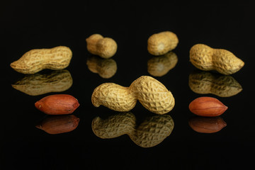 Fototapeta na wymiar Lot of whole natural yellow peanut arranged symmetrically isolated on black glass