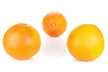 Group of three whole fresh pink grapefruit arranged symmetrically isolated on white background