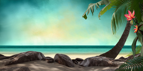 beautiful ocean view beach with tropical palm leaves and Frangipani flowers, can be used as background