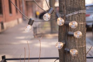 Garlands of lamps on the street. A wedding Banquet.